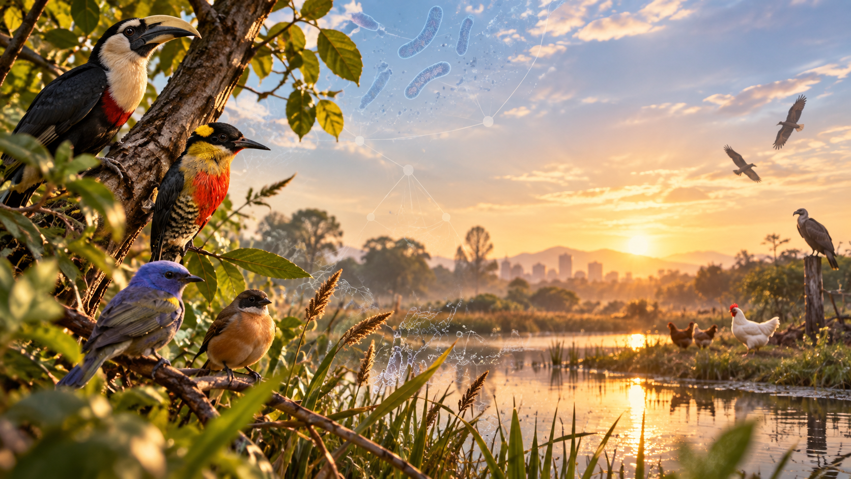 Wild birds, poultry and an urban wetland at sunset with subtle microbial motifs