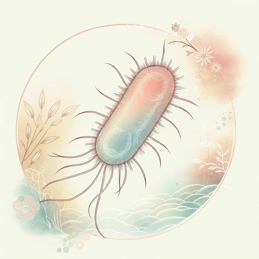 Scientific illustration of a bacterium with ecological and floral motifs